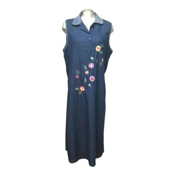 Chambray Maxi Dress Embroidered Sleeveless